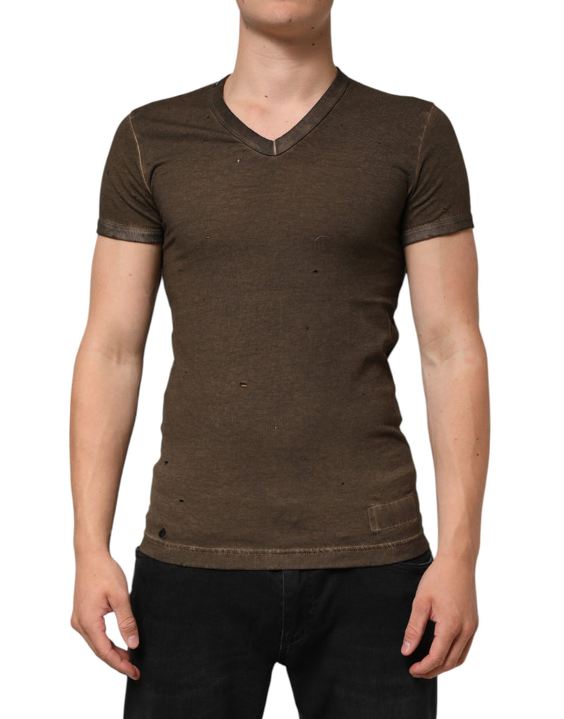 Dark Brown Cotton Tattered Logo Men T-shirt-Dolce & Gabbana-LabelTerrace.com
