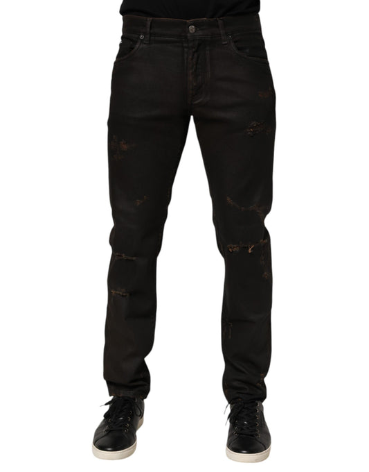 Dark Brown Tattered Cotton Skinny Denim Jeans-Dolce & Gabbana-LabelTerrace.com
