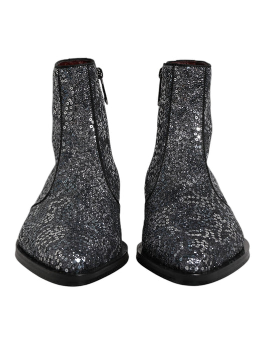 Dark Gray Cotton Sequined Chelsea Boots Shoes-Dolce & Gabbana-LabelTerrace.com