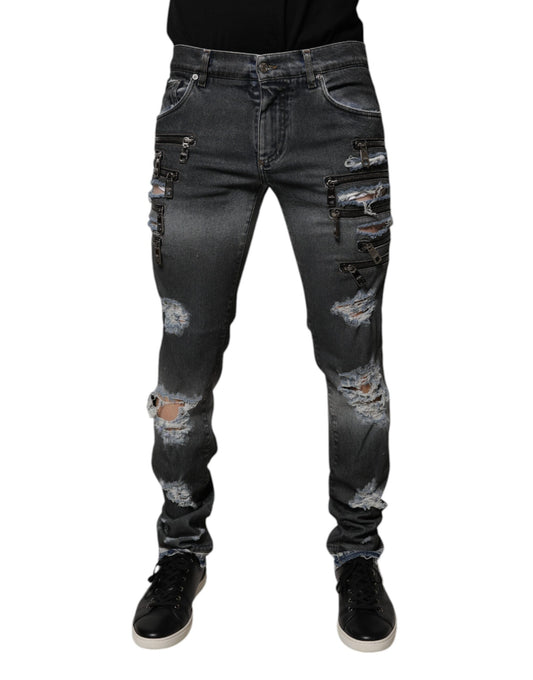 Dark Gray Tattered Cotton Skinny Denim Jeans-Dolce & Gabbana-LabelTerrace.com