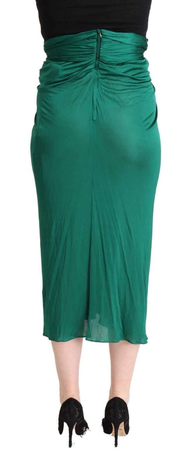 Dark Green High Waist Midi Pencil Cut Pleated Skirt-Dolce & Gabbana-LabelTerrace.com