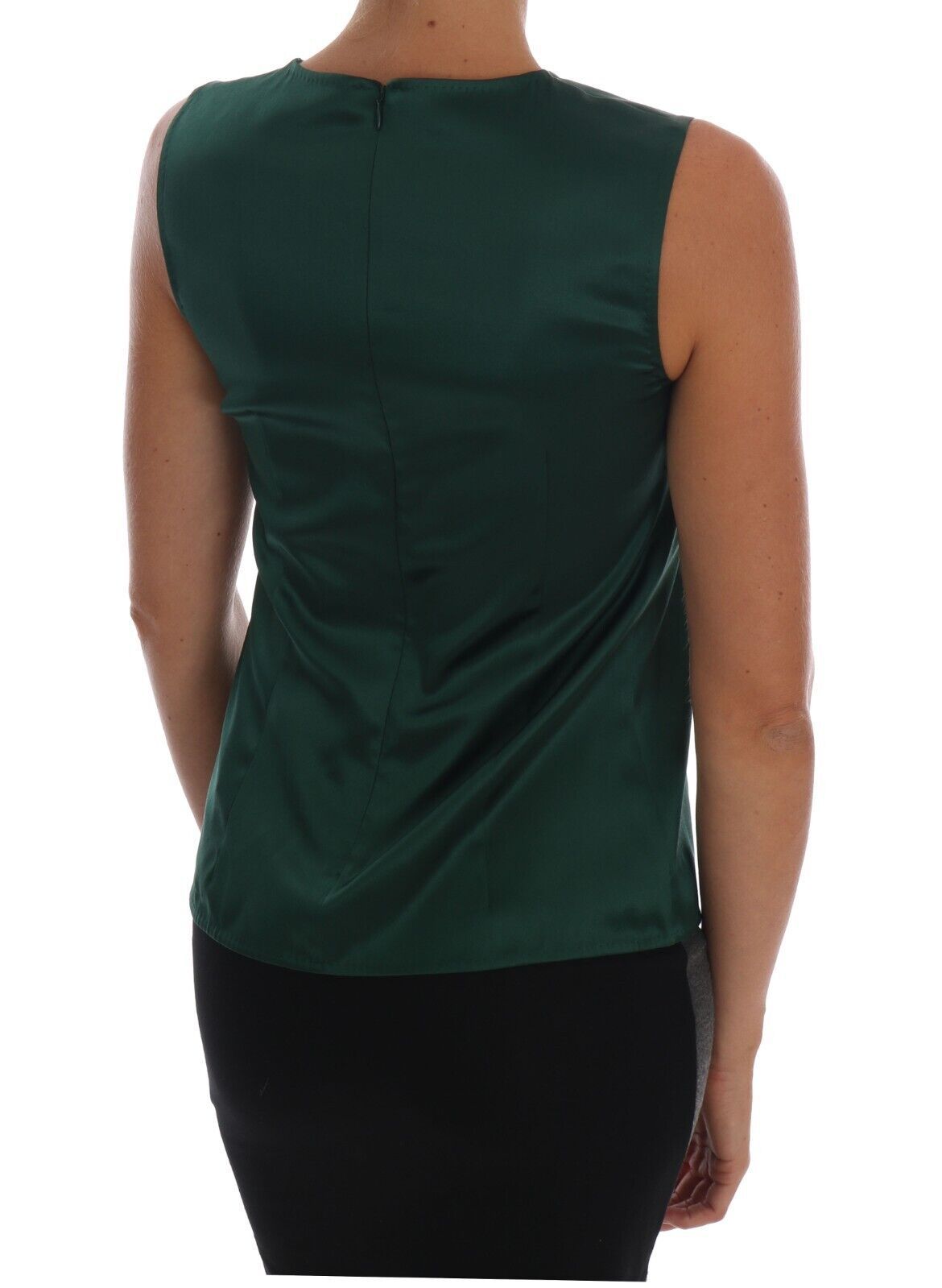Dark Green Silk Sleeveless Round Neck Tank Top-Dolce & Gabbana-LabelTerrace.com