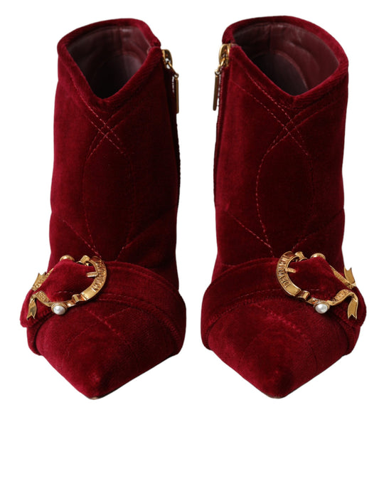 Dark Red Velvet Devotion Buckle Boots Shoes-Dolce & Gabbana-LabelTerrace.com