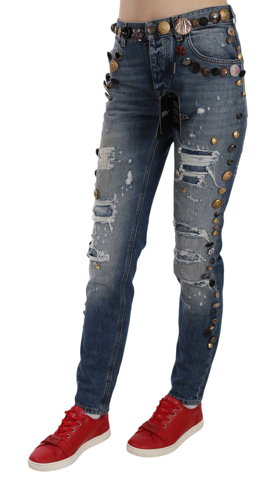 Distressed Embellished Buttons Denim Pants Jeans-Dolce & Gabbana-LabelTerrace.com