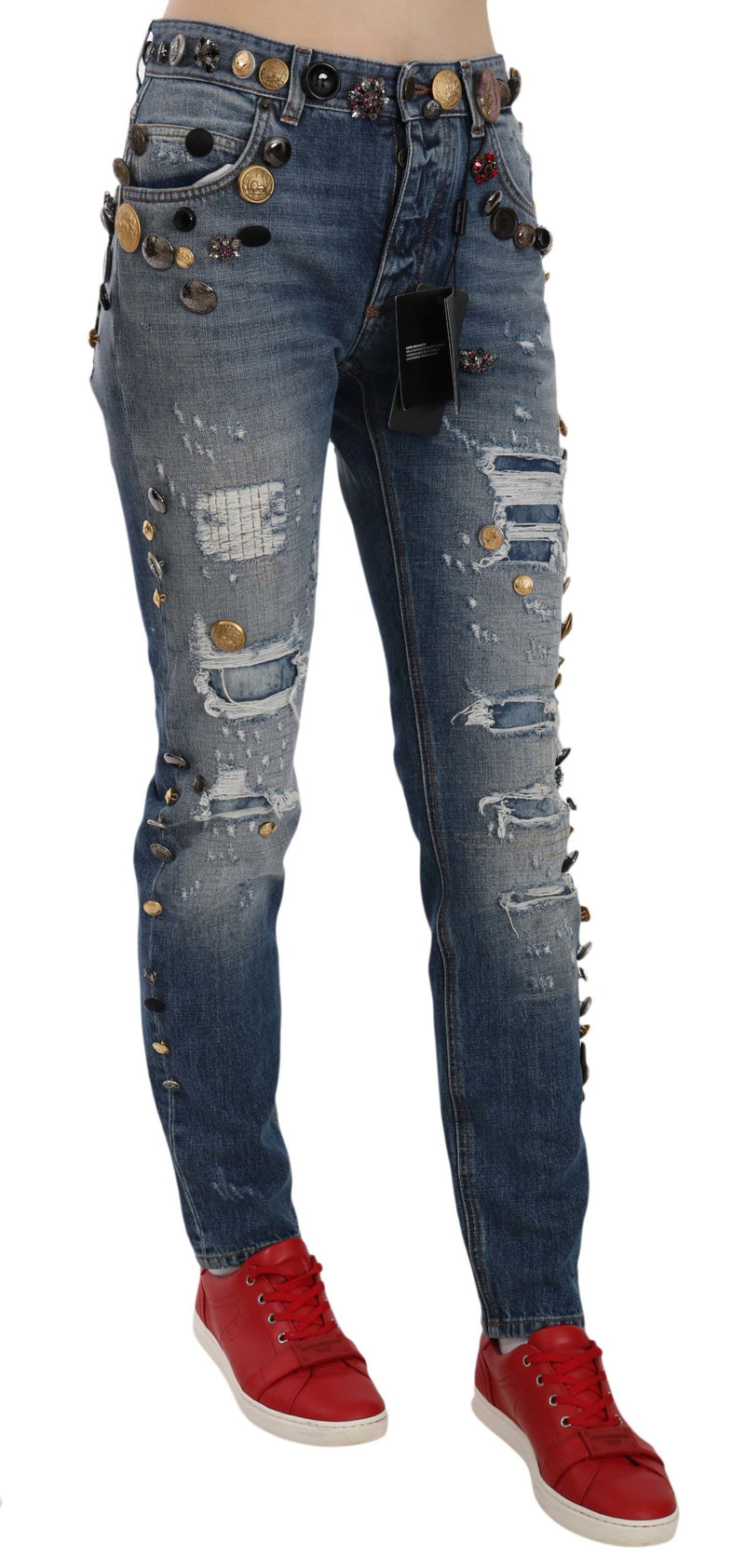 Distressed Embellished Buttons Denim Pants Jeans-Dolce & Gabbana-LabelTerrace.com