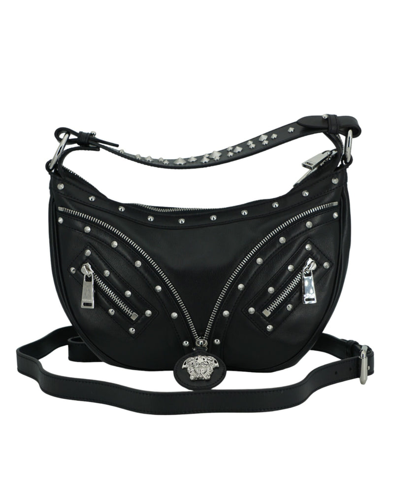 Elegant Black Leather Hobo Shoulder Bag-Versace-LabelTerrace.com