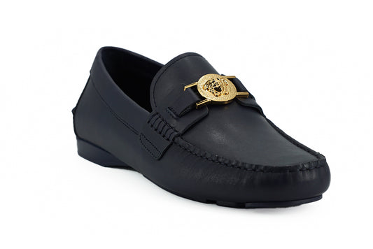 Elegant Navy Blue Calf Leather Loafers-Versace-LabelTerrace.com