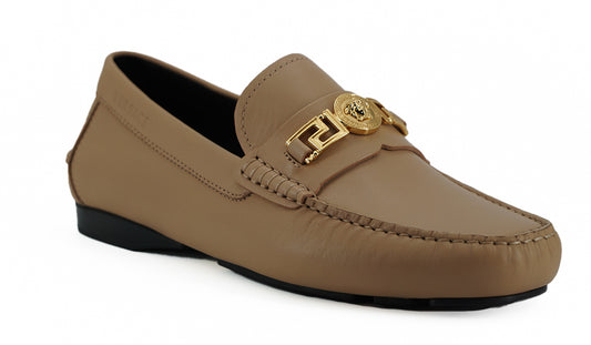 Exquisite Medusa Gold-Tone Leather Loafers-Versace-LabelTerrace.com