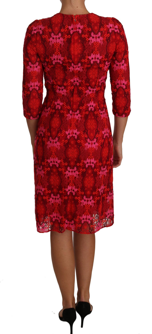 Floral Crochet Lace Red Pink Sheath Dress-Dolce & Gabbana-LabelTerrace.com
