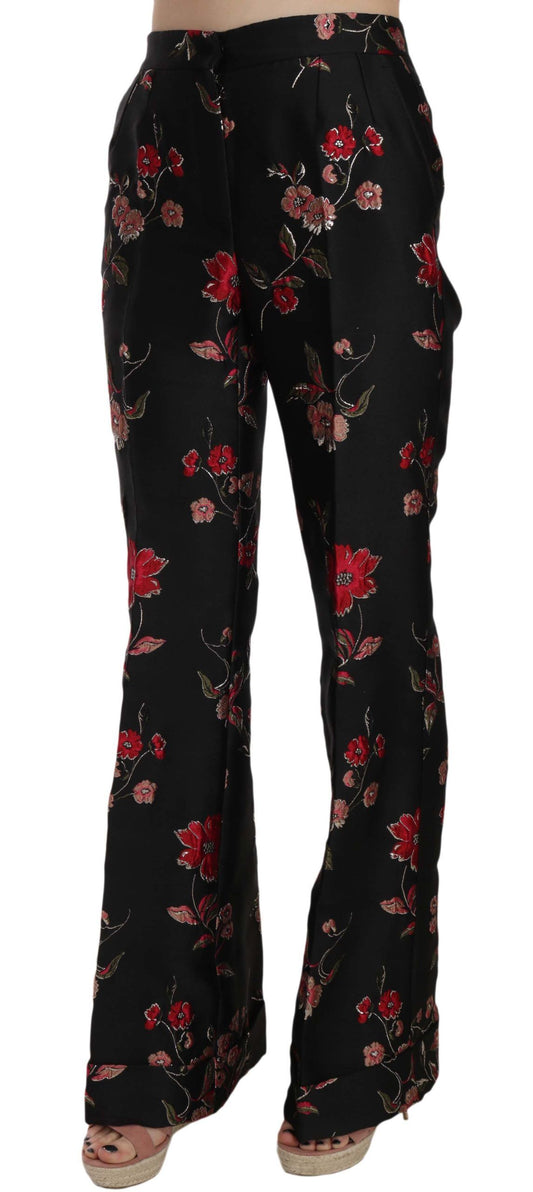 Floral Print Black Boot Cut Trouser Pants-Dolce & Gabbana-LabelTerrace.com