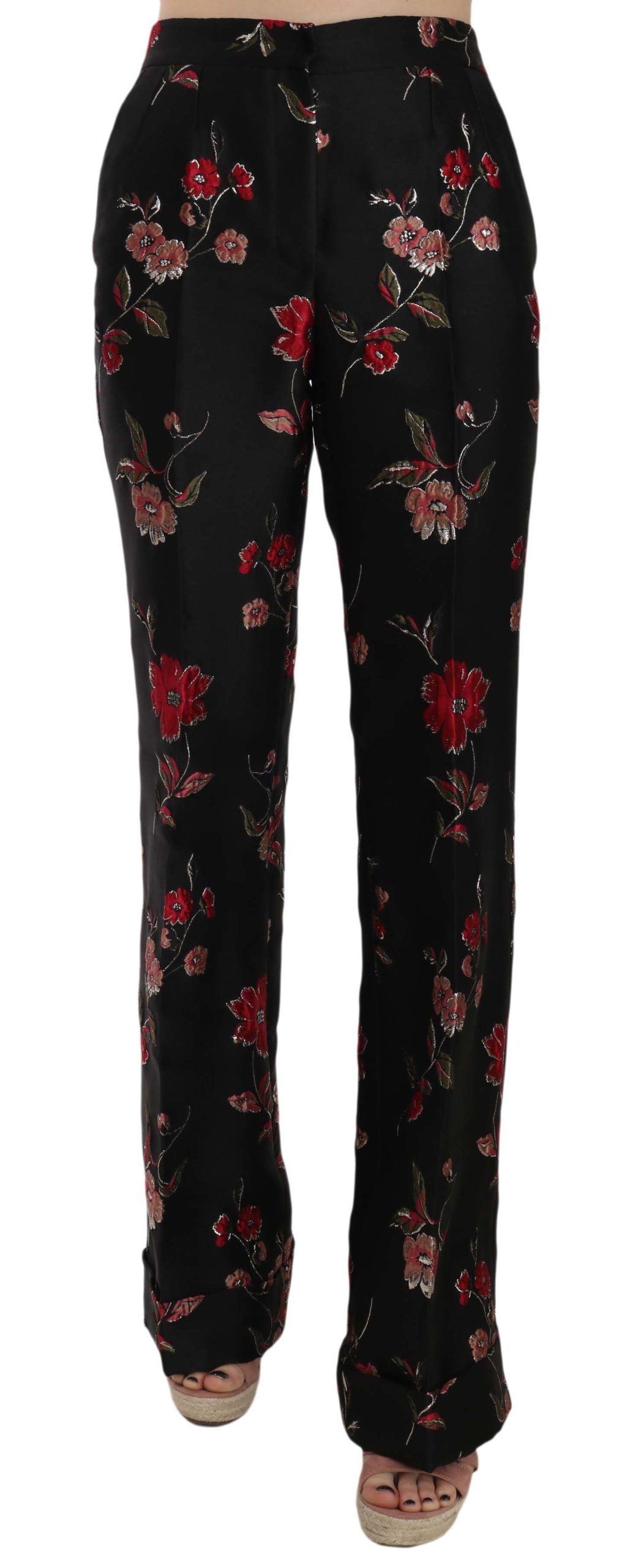 Floral Print Black Boot Cut Trouser Pants-Dolce & Gabbana-LabelTerrace.com