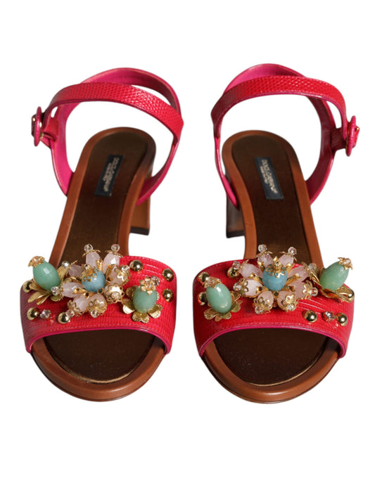 Fuchsia Leather Embellished Keira Sandals Shoes-Dolce & Gabbana-LabelTerrace.com