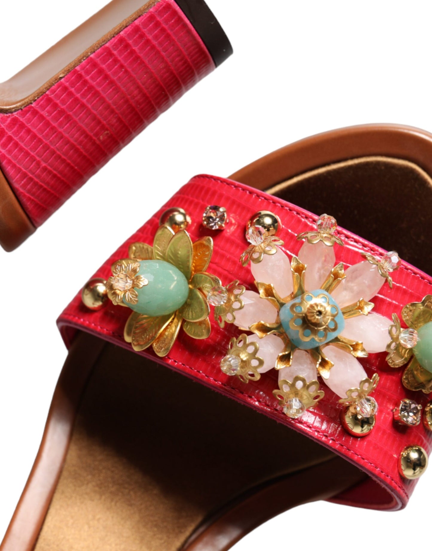 Fuchsia Leather Embellished Keira Sandals Shoes-Dolce & Gabbana-LabelTerrace.com