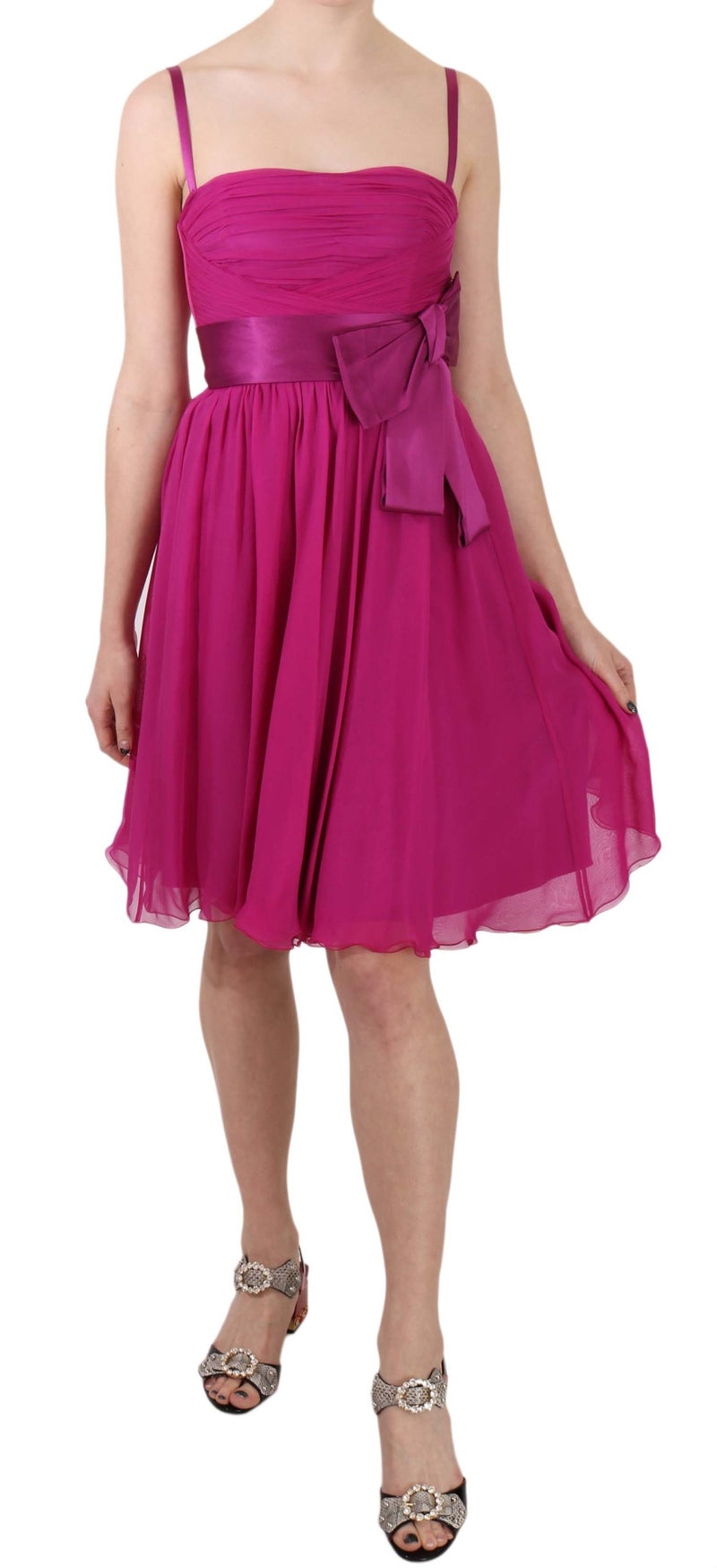Fuchsia Pink Bow Silk Sleeveless Dress-Dolce & Gabbana-LabelTerrace.com