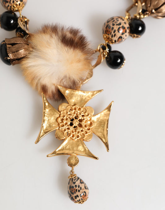 Gold Black Crystals Lapin Fur Filigree Choker Necklace-Dolce & Gabbana-LabelTerrace.com