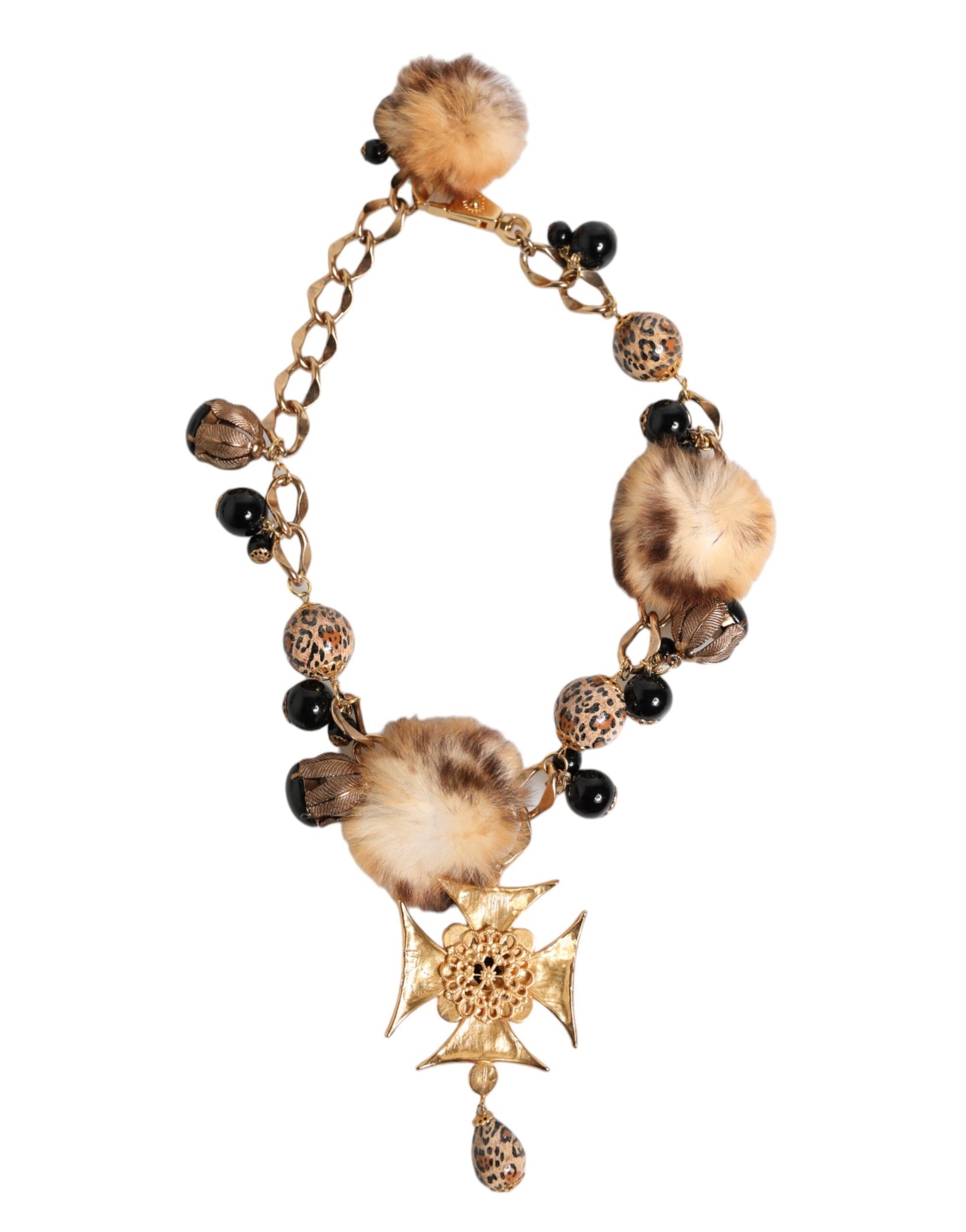 Gold Black Crystals Lapin Fur Filigree Choker Necklace-Dolce & Gabbana-LabelTerrace.com