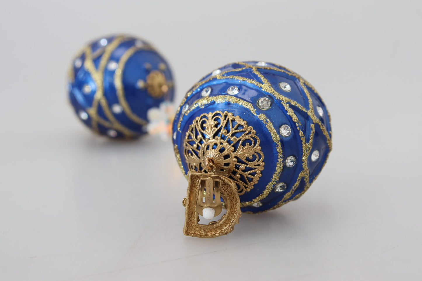 Gold Brass Blue Dangle Ball Crystal Clip On Earrings-Dolce & Gabbana-LabelTerrace.com