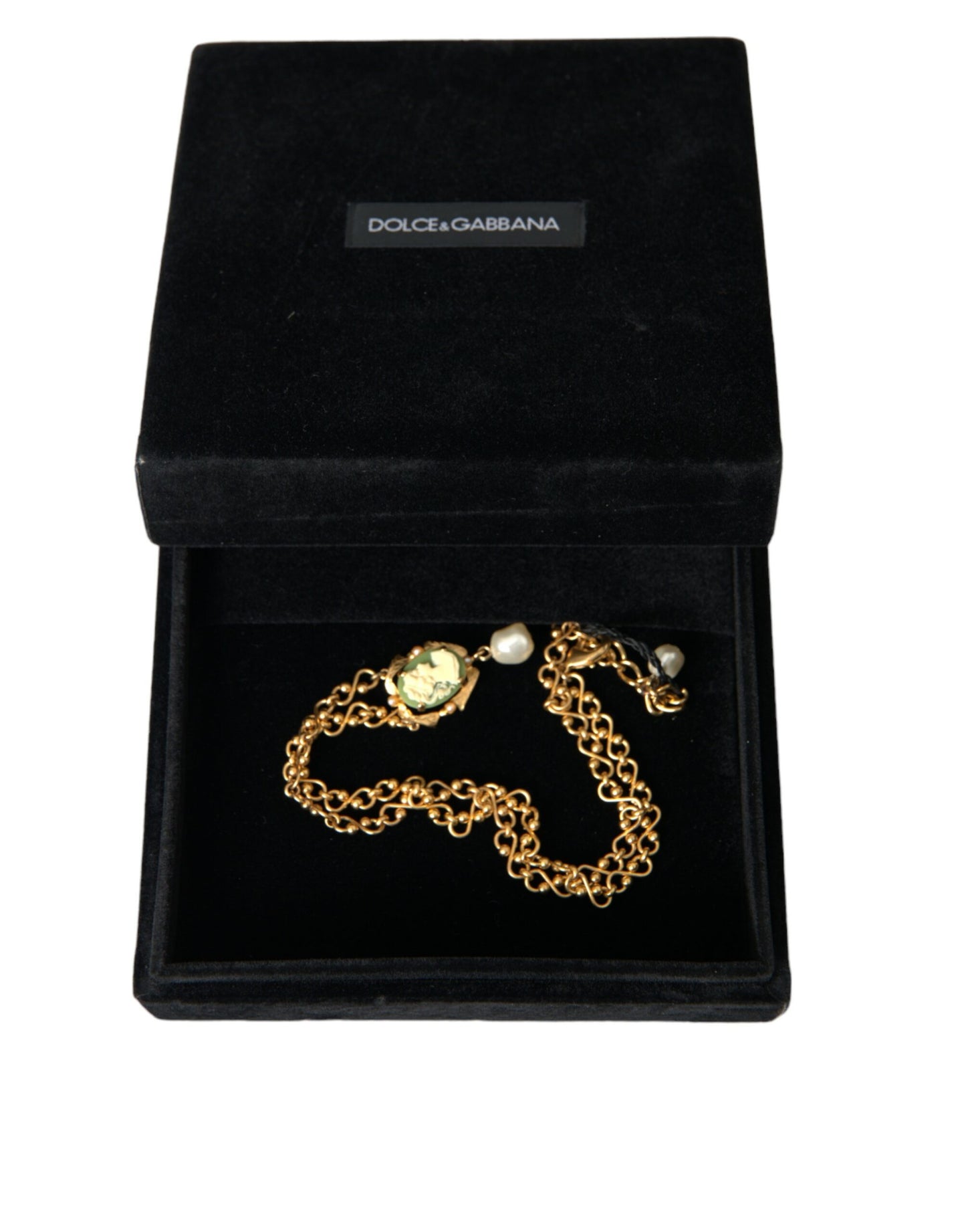 Gold Brass Chain Pearl Pendant Charm Necklace-Dolce & Gabbana-LabelTerrace.com