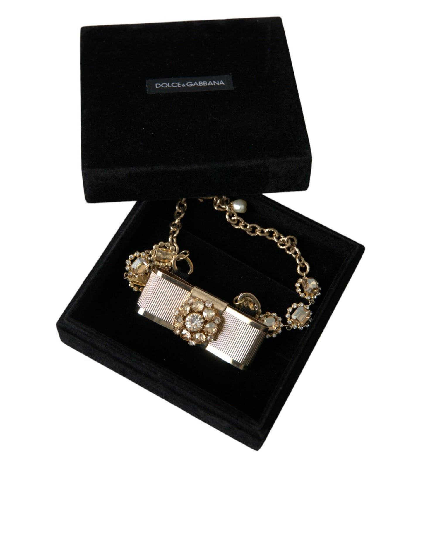 Gold Brass Clear Crystal Bow Chain Choker Necklace-Dolce & Gabbana-LabelTerrace.com