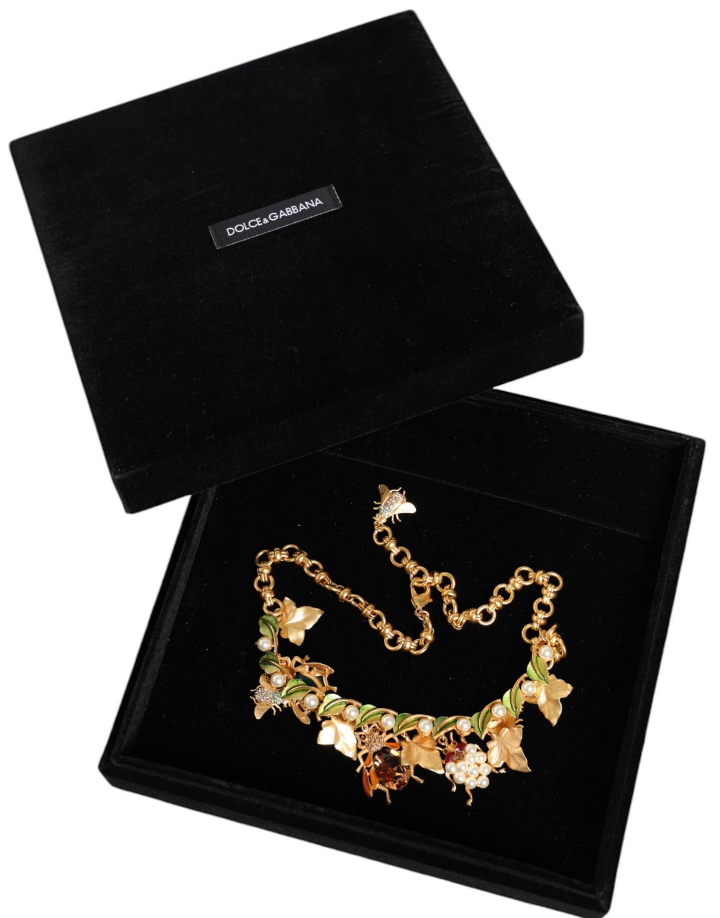 Gold Brass Crystal Bug Charm Pendant Statement Necklace-Dolce & Gabbana-LabelTerrace.com