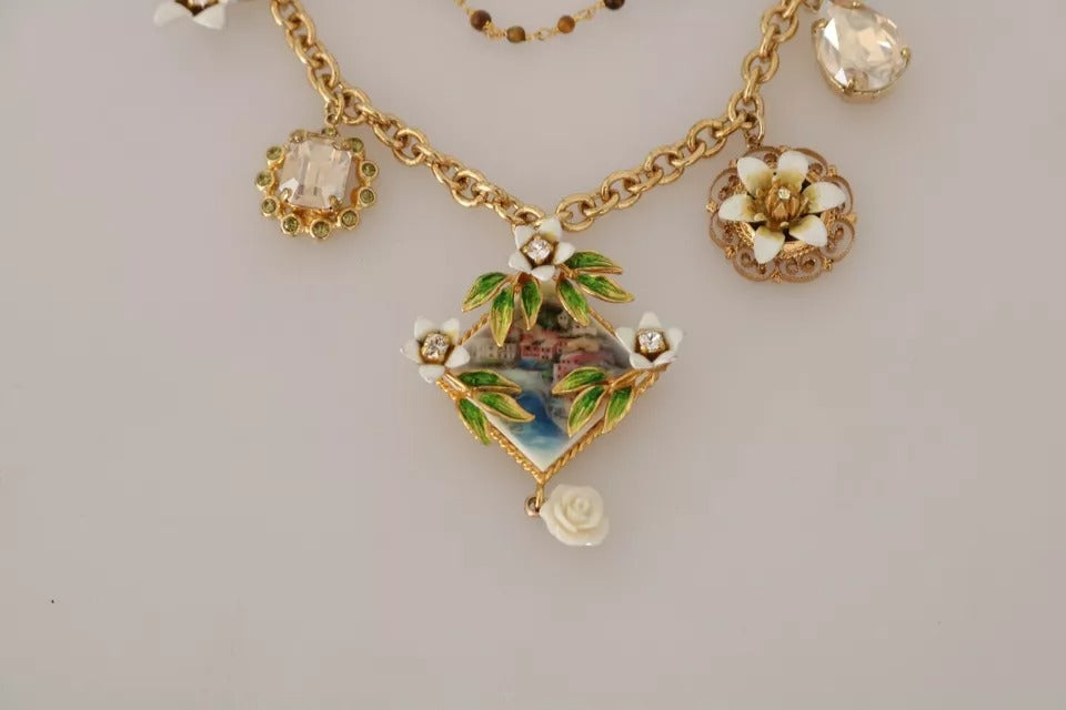 Gold Brass Crystal Floral Statement Charms Necklace-Dolce & Gabbana-LabelTerrace.com