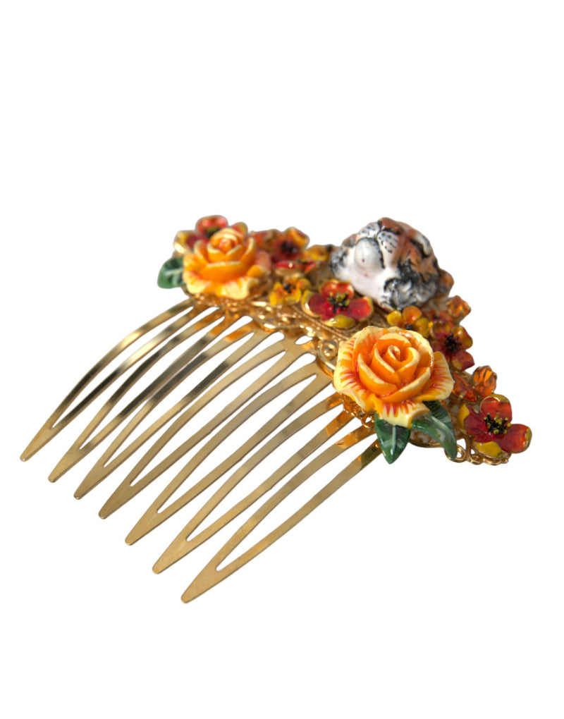 Gold Brass Crystal Leopard Floral Hair Comb-Dolce & Gabbana-LabelTerrace.com