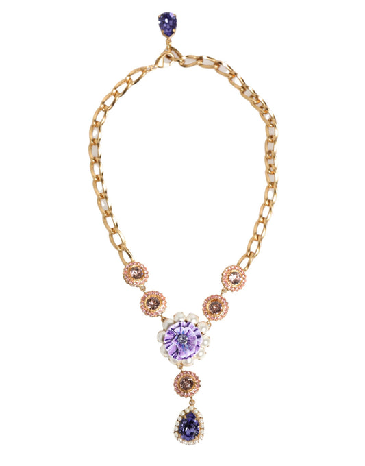 Gold Brass Crystal Pearl Purple Floral Pendant Jewelry Necklace-Dolce & Gabbana-LabelTerrace.com