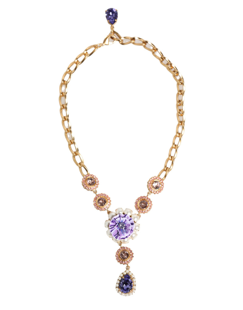 Gold Brass Crystal Pearl Purple Floral Pendant Jewelry Necklace-Dolce & Gabbana-LabelTerrace.com