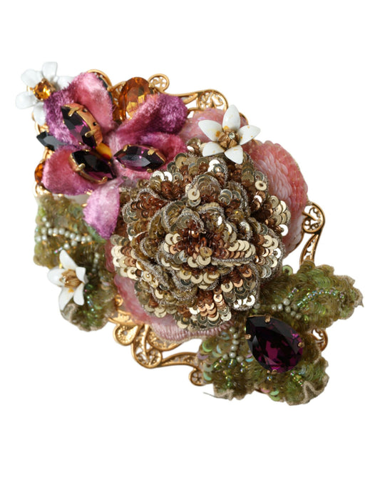 Gold Brass Floral Crystal Sequined Hair Clip-Dolce & Gabbana-LabelTerrace.com