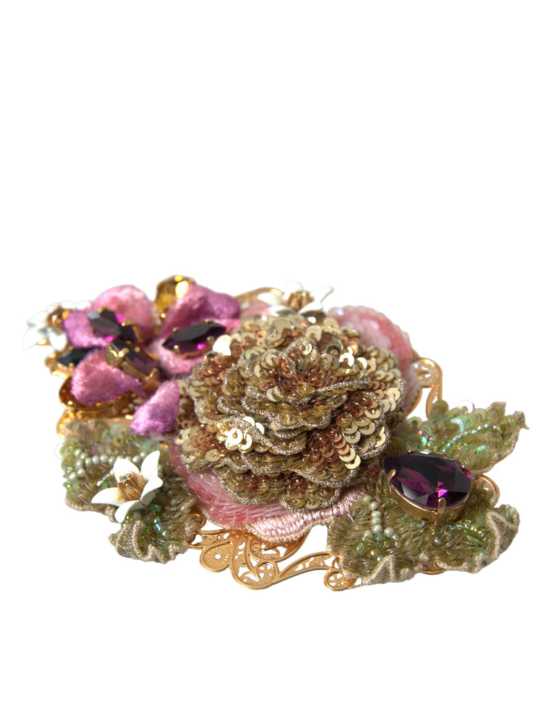 Gold Brass Floral Crystal Sequined Hair Clip-Dolce & Gabbana-LabelTerrace.com