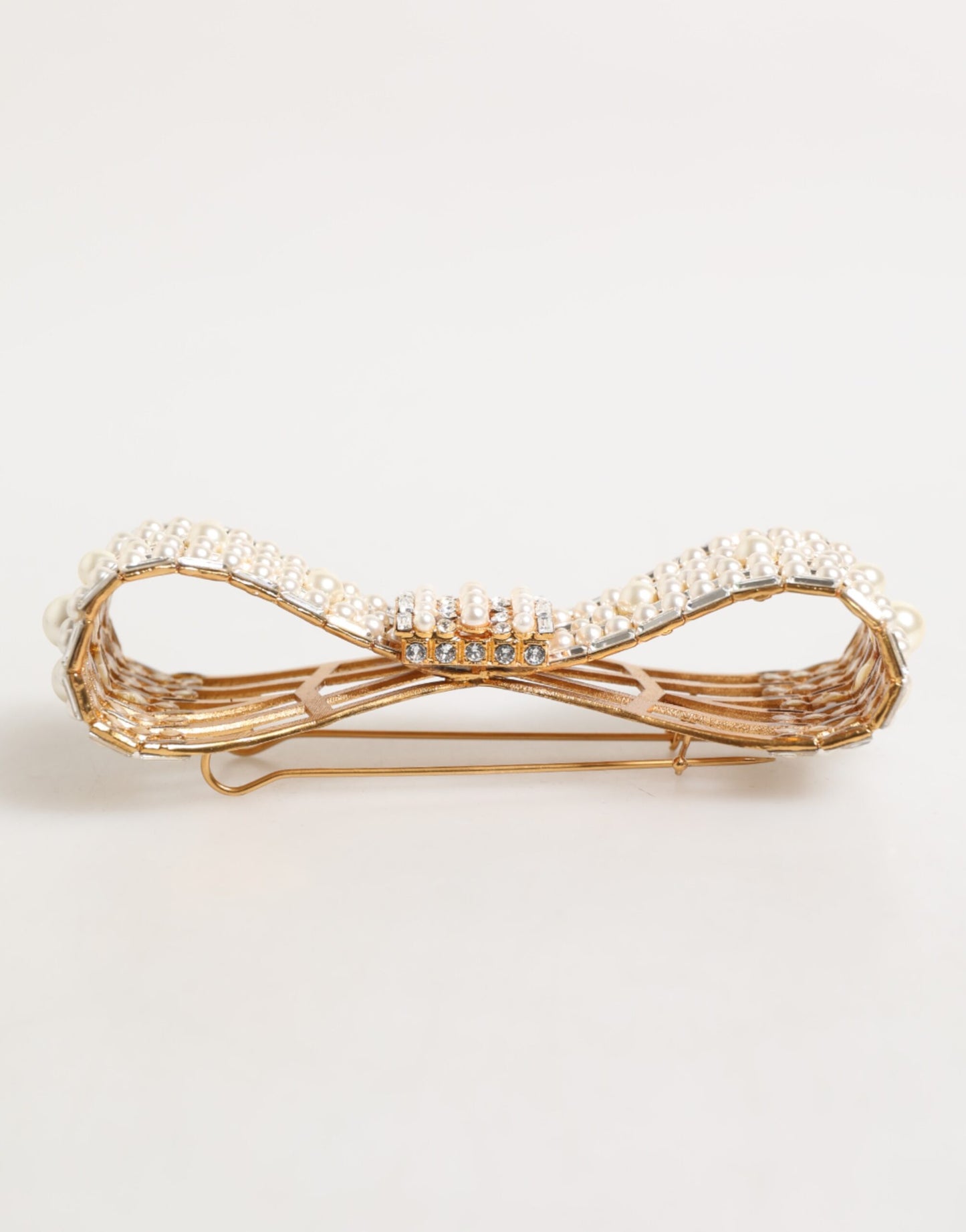 Gold Brass Glas Crystal Faux Pearl Embellished Brooch-Dolce & Gabbana-LabelTerrace.com