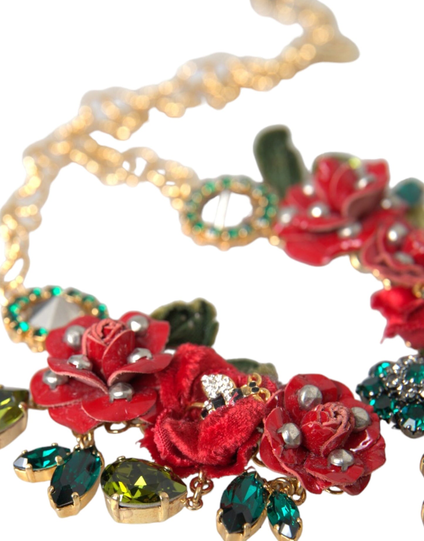 Gold Brass Link Chain RosePetal Crystal Pendant Necklace-Dolce & Gabbana-LabelTerrace.com