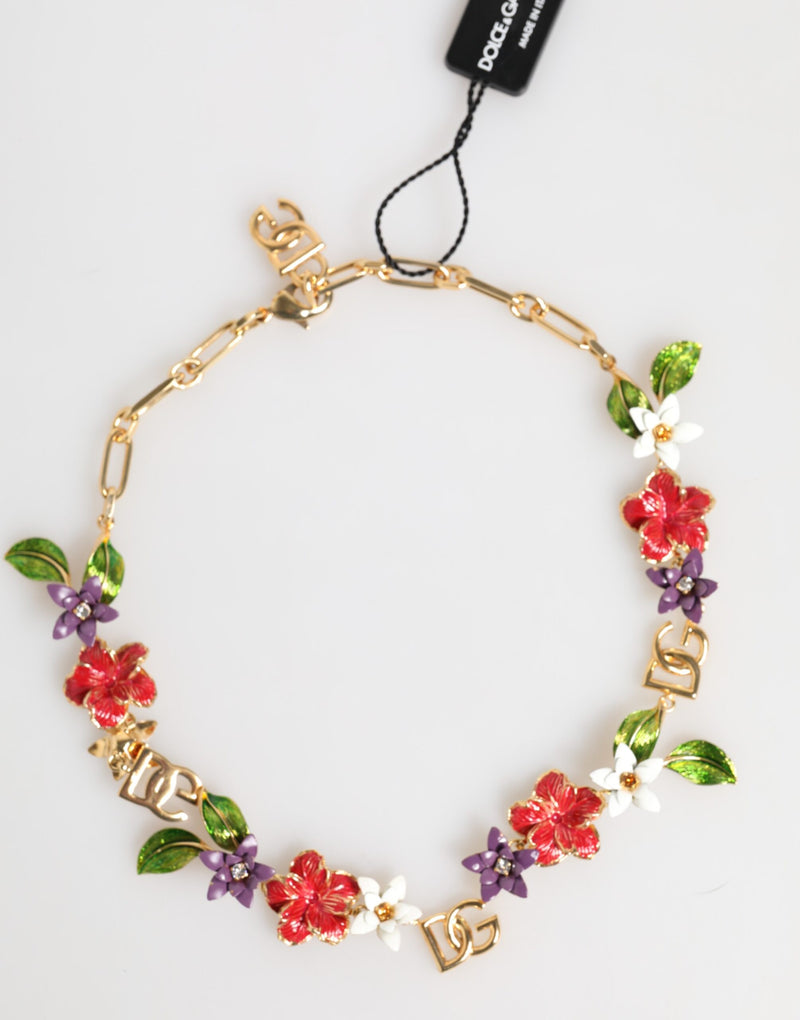 Gold Brass Logo Detail Floral Fashion Jewelry Necklace-Dolce & Gabbana-LabelTerrace.com