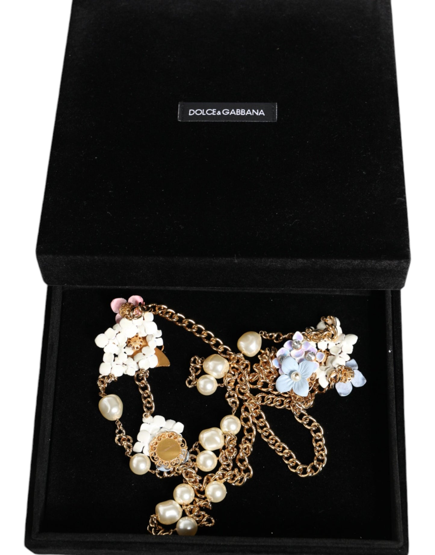 Gold Chain Brass Floral Layered Crystal Pearl Necklace-Dolce & Gabbana-LabelTerrace.com