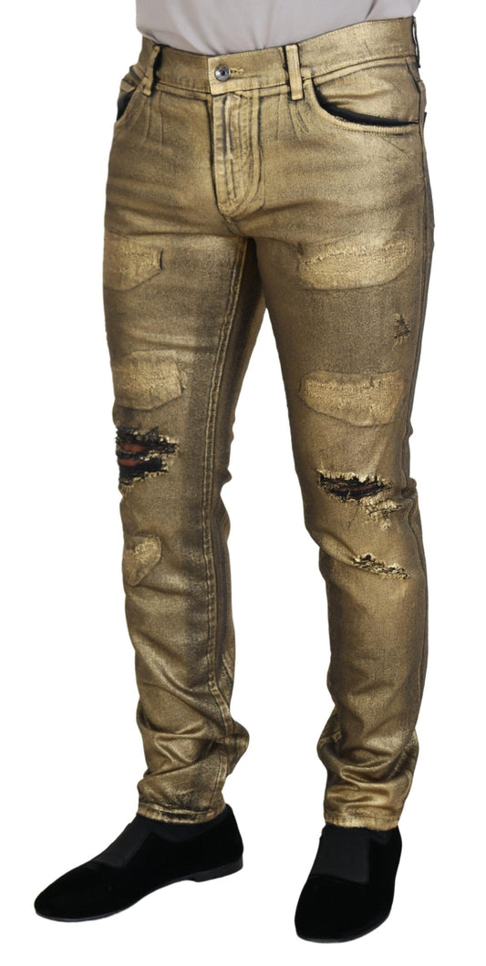 Gold Cotton Tattered Skinny Men Denim Jeans-Dolce & Gabbana-LabelTerrace.com