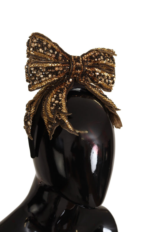 Gold Crystal Beaded Sequined Silk Bow Headband Diadem-Dolce & Gabbana-LabelTerrace.com
