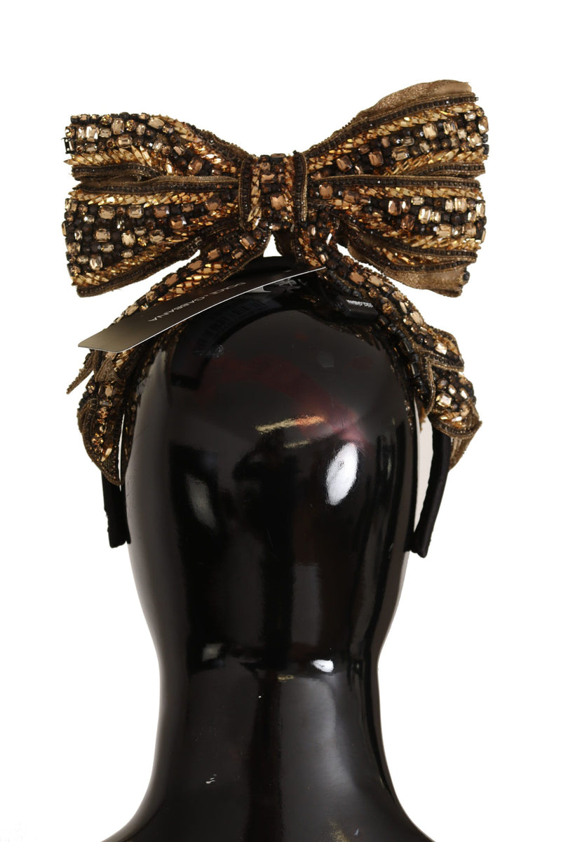Gold Crystal Beaded Sequined Silk Bow Headband Diadem-Dolce & Gabbana-LabelTerrace.com