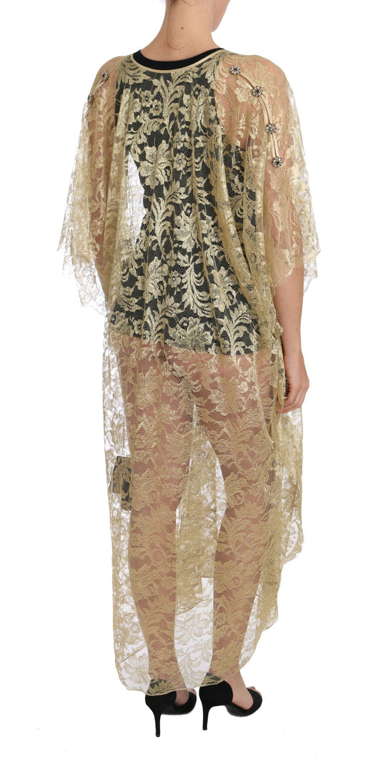 Gold Floral Lace Crystal Gown Cape Dress-Dolce & Gabbana-LabelTerrace.com