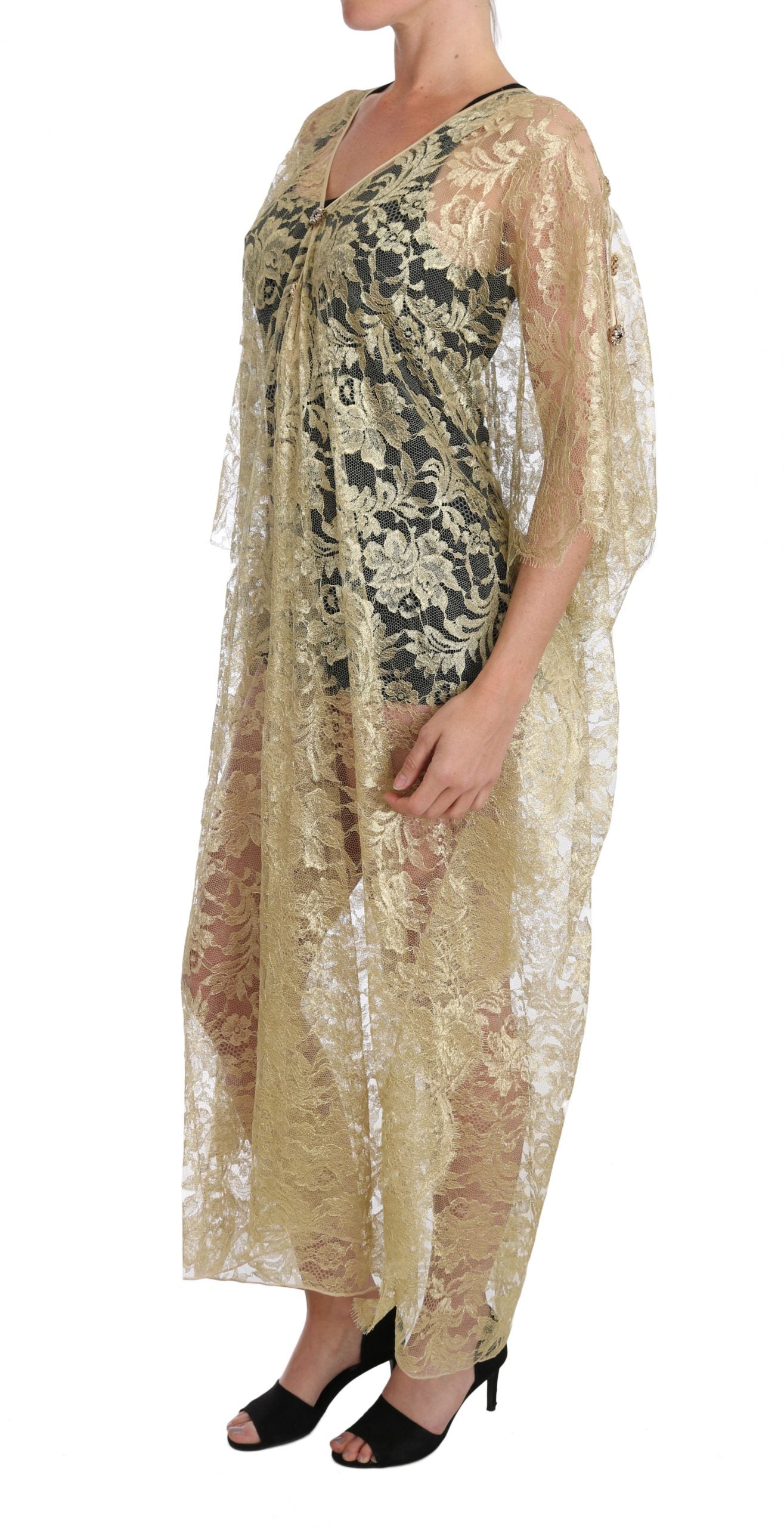 Gold Floral Lace Crystal Gown Cape Dress-Dolce & Gabbana-LabelTerrace.com
