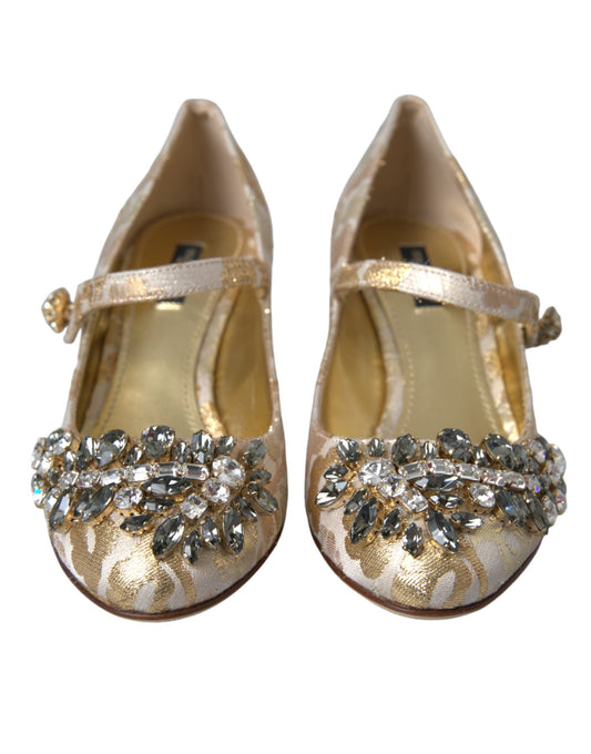 Gold Jacquard Crystal Mary Janes Pumps Shoes-Dolce & Gabbana-LabelTerrace.com