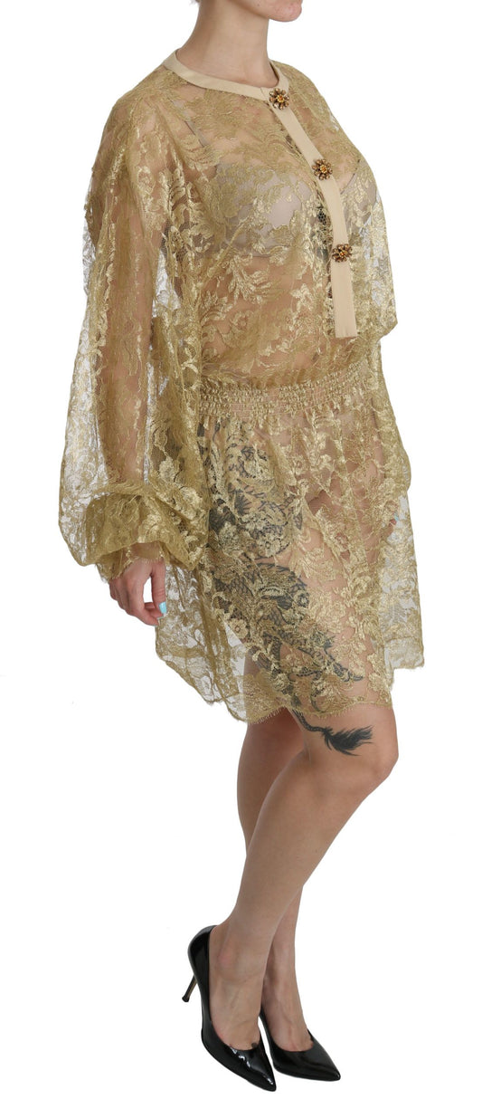 Gold Lace See Through A-Line Knee Length Dress-Dolce & Gabbana-LabelTerrace.com