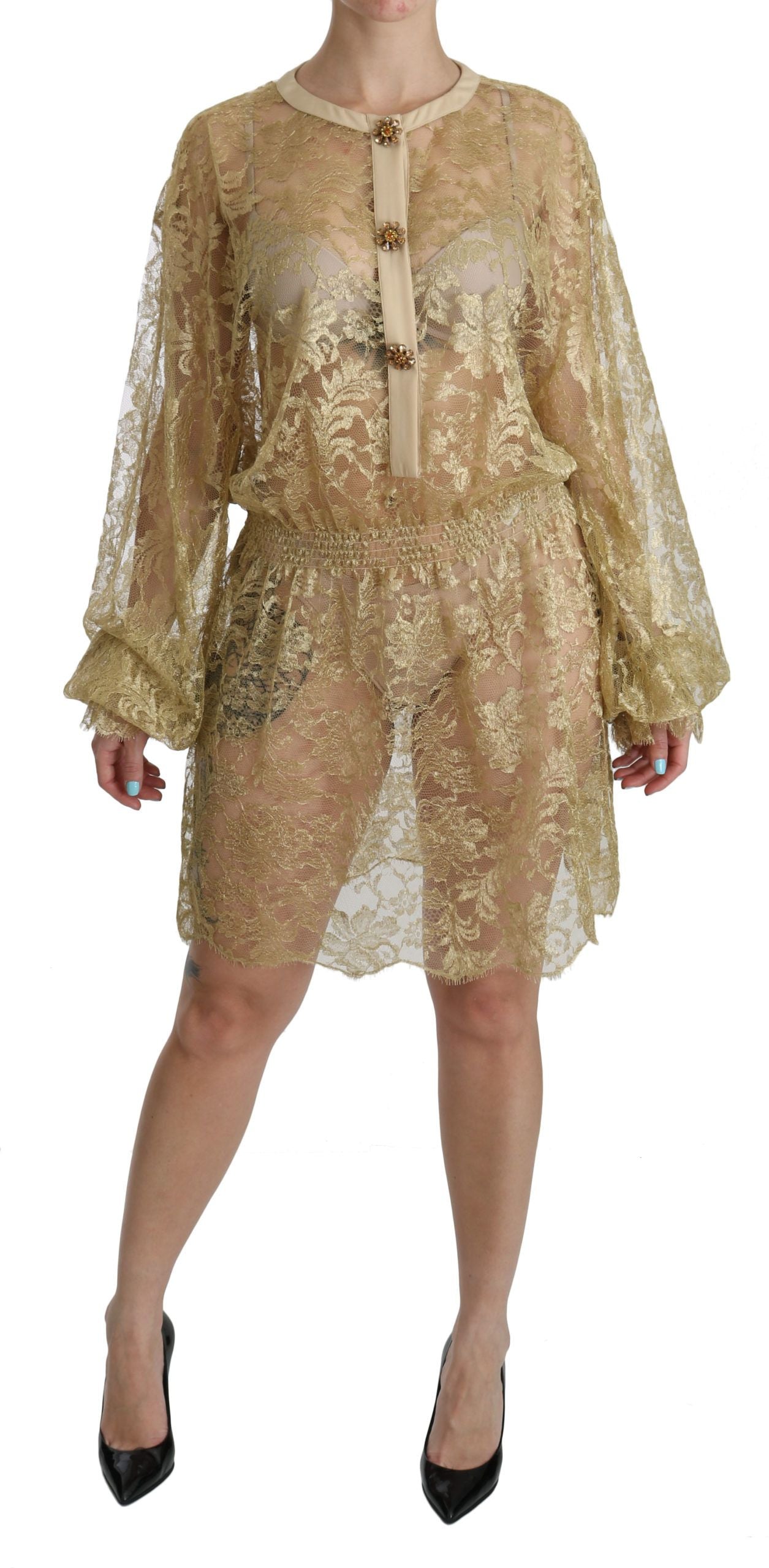 Gold Lace See Through A-Line Knee Length Dress-Dolce & Gabbana-LabelTerrace.com