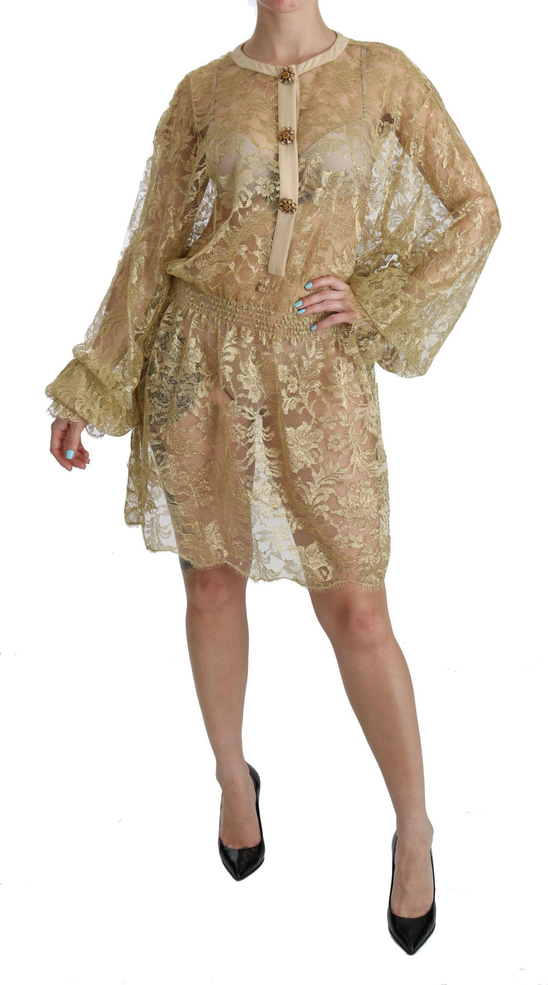 Gold Lace See Through A-Line Knee Length Dress-Dolce & Gabbana-LabelTerrace.com