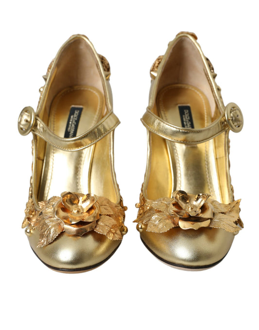 Gold Leather Crystal Mary Janes Pumps Shoes-Dolce & Gabbana-LabelTerrace.com