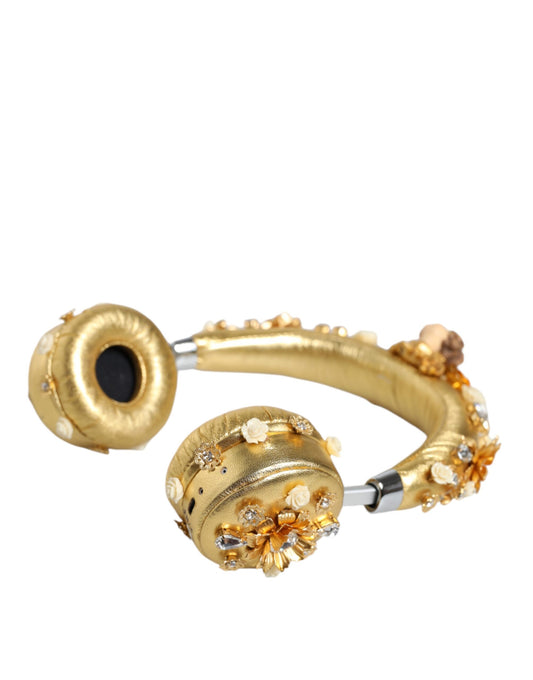 Gold Leather Floral Crystal Angel Headset Headphones-Dolce & Gabbana-LabelTerrace.com