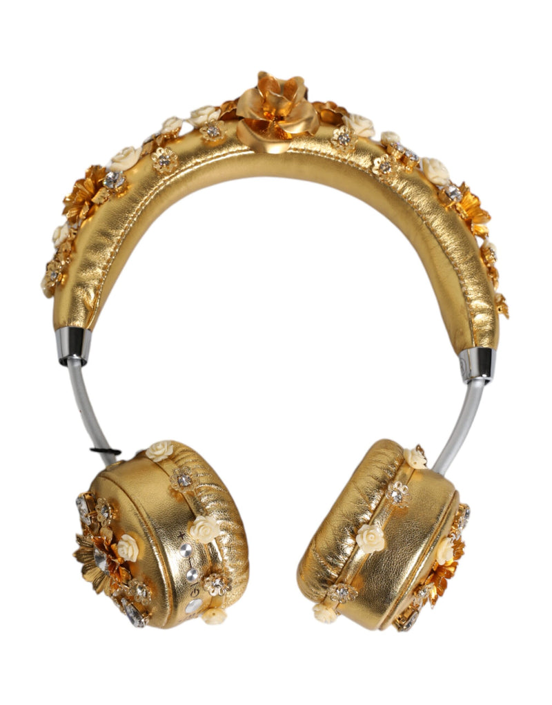 Gold Leather Floral Crystal Angel Headset Headphones-Dolce & Gabbana-LabelTerrace.com