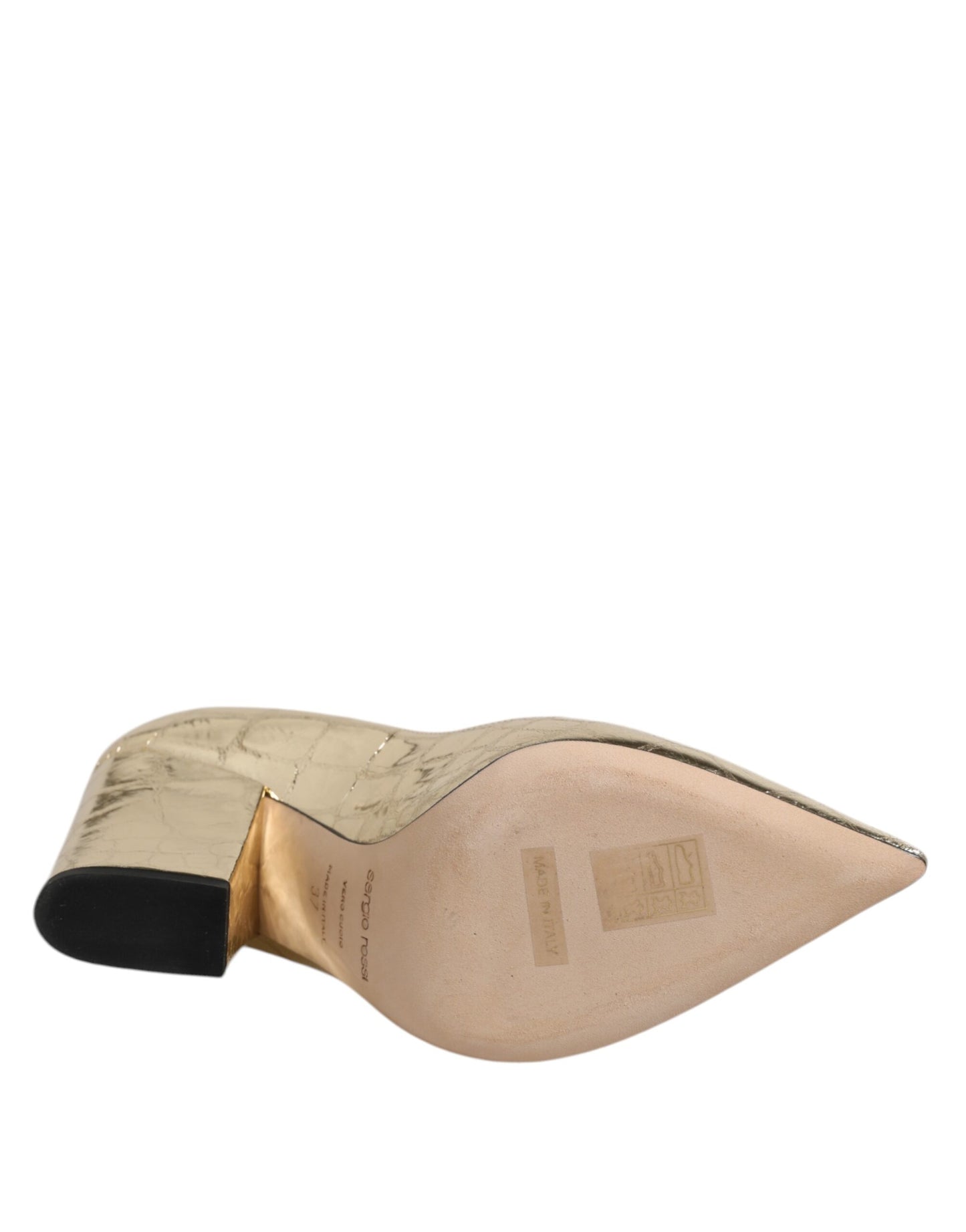 Gold Leather Pointed Toe Block Heels Shoes-Sergio Rossi-LabelTerrace.com