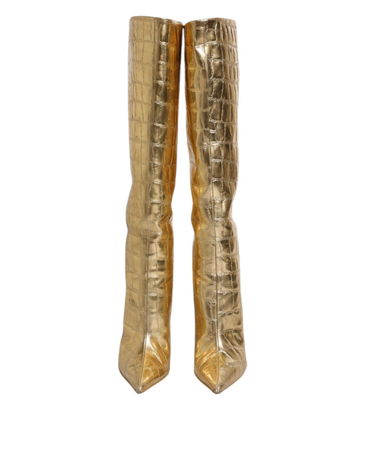 Gold Leather Stiletto Heels High Boots Shoes-Dolce & Gabbana-LabelTerrace.com