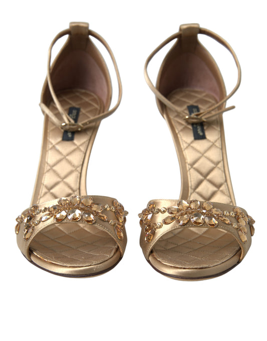 Gold Satin Ankle Strap Crystal Sandals Shoes-Dolce & Gabbana-LabelTerrace.com