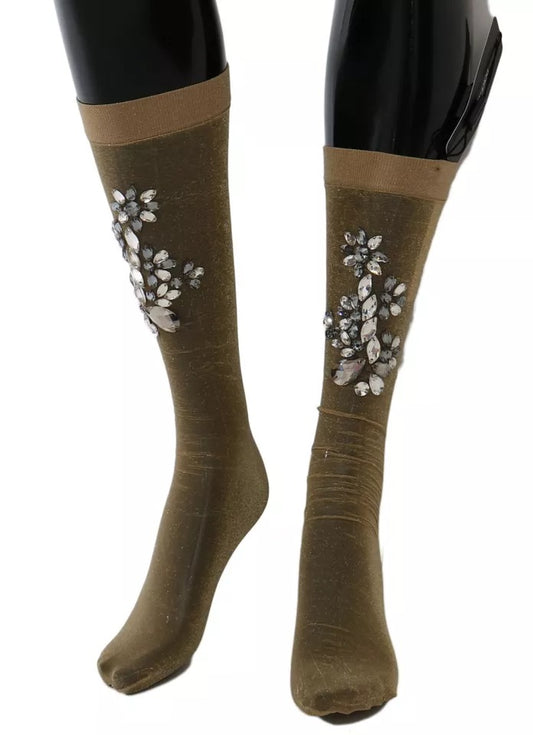 Gold Stretch Floral Clear Crystal Stocking Socks-Dolce & Gabbana-LabelTerrace.com